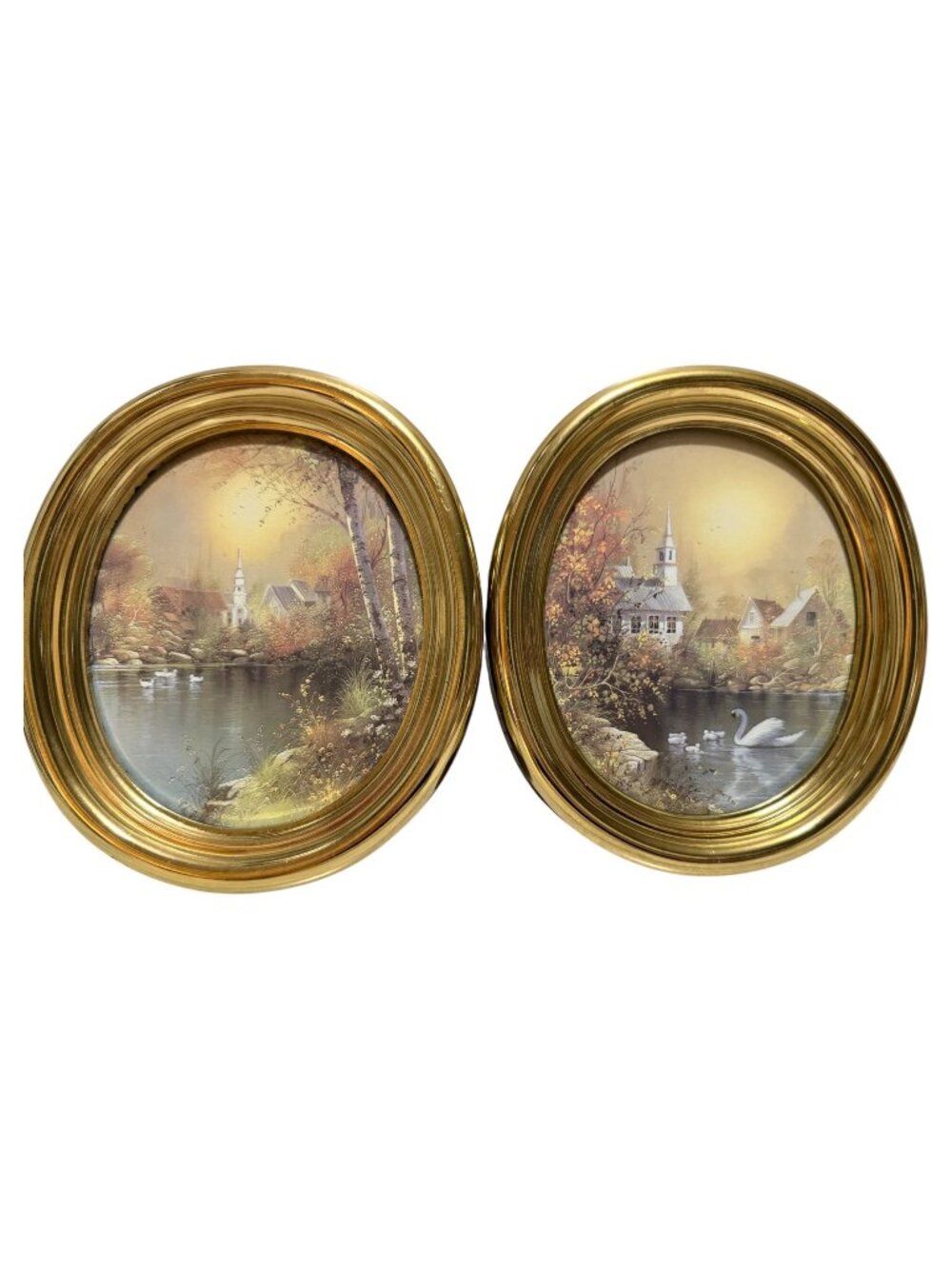 Homco Vintage Gold Tone Oval Frame Wall Art Pair Church Swan Stream